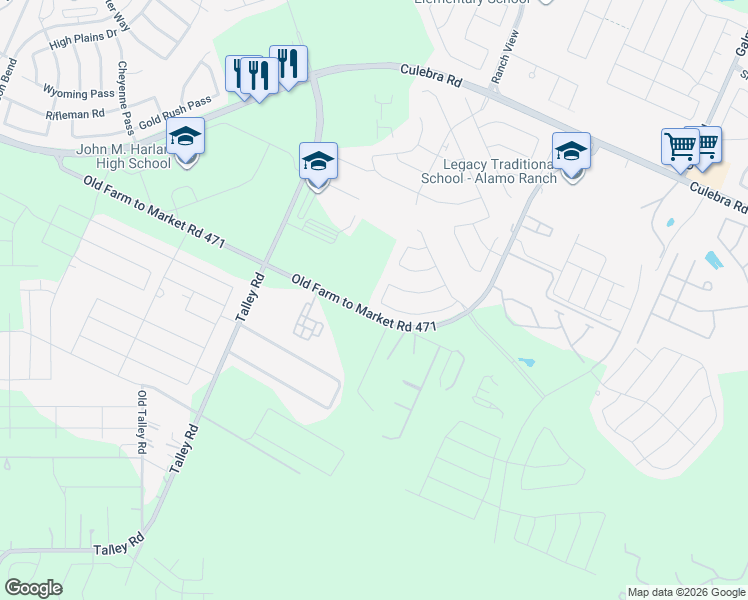map of restaurants, bars, coffee shops, grocery stores, and more near 7610 Hartford Den in San Antonio