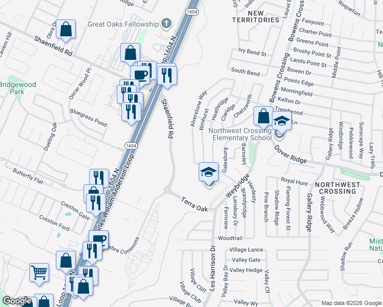 map of restaurants, bars, coffee shops, grocery stores, and more near 7423 Alverstone Way in San Antonio
