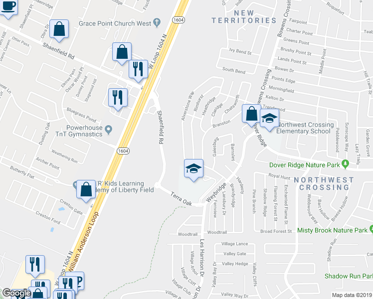 map of restaurants, bars, coffee shops, grocery stores, and more near 7422 Alverstone Way in San Antonio