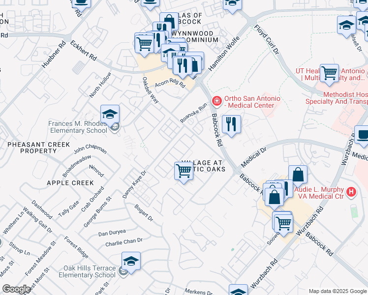 map of restaurants, bars, coffee shops, grocery stores, and more near 7731 Wexford Grove in San Antonio