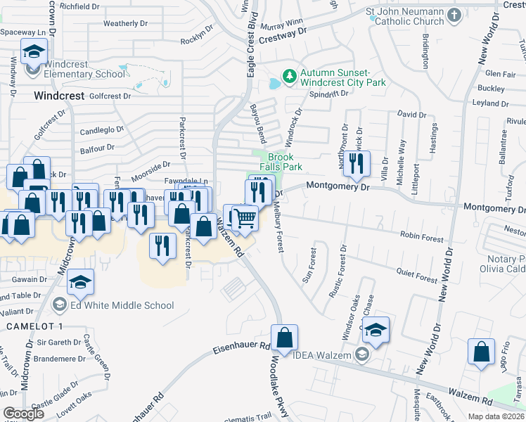 map of restaurants, bars, coffee shops, grocery stores, and more near 6060 Montgomery Drive in San Antonio