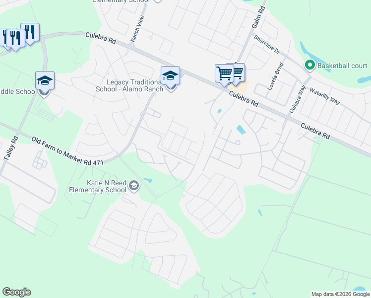 map of restaurants, bars, coffee shops, grocery stores, and more near 11043 Old Farm to Market Road 471 West in San Antonio
