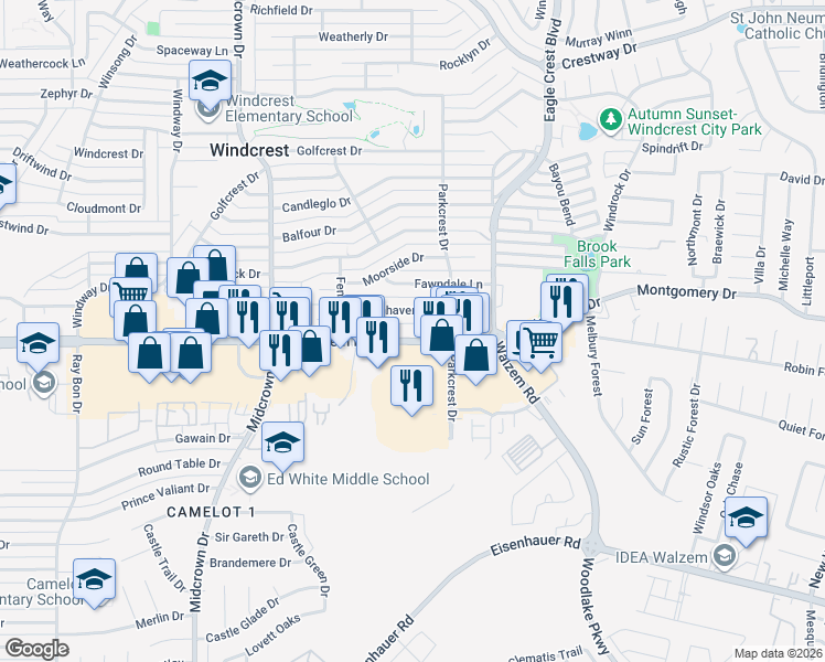 map of restaurants, bars, coffee shops, grocery stores, and more near 634 Sunhaven Drive in San Antonio