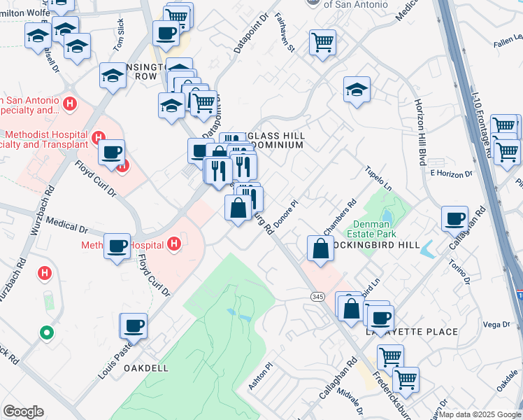 map of restaurants, bars, coffee shops, grocery stores, and more near 7880 Fredericksburg Road in San Antonio