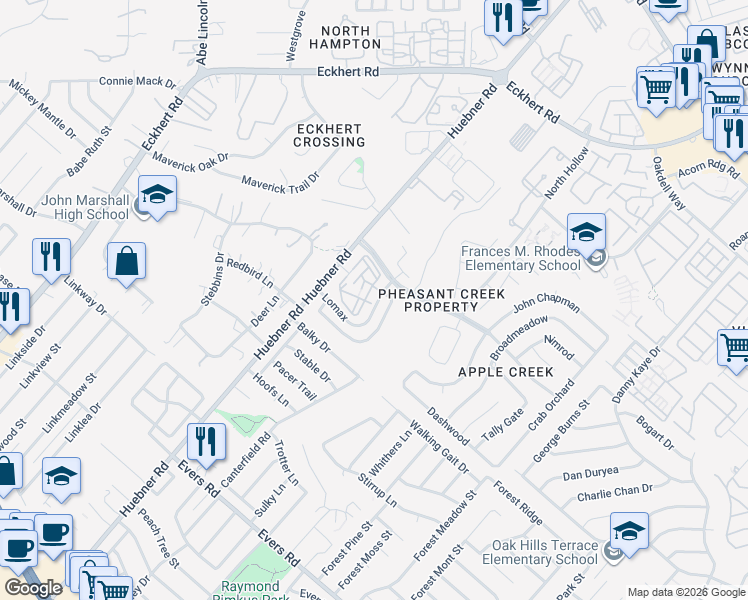 map of restaurants, bars, coffee shops, grocery stores, and more near 7838 Huebner Road in San Antonio
