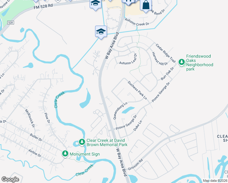 map of restaurants, bars, coffee shops, grocery stores, and more near 3325 King George Lane in Friendswood