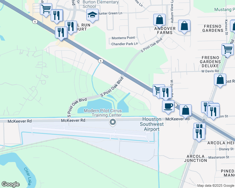 map of restaurants, bars, coffee shops, grocery stores, and more near 21821 South Post Oak Boulevard in Fresno