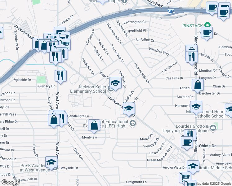 map of restaurants, bars, coffee shops, grocery stores, and more near 1601 Jackson Keller Road in San Antonio