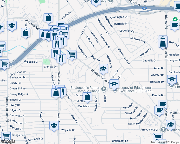 map of restaurants, bars, coffee shops, grocery stores, and more near 1701A Jackson Keller Road in Castle Hills