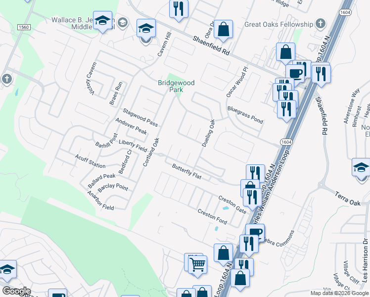 map of restaurants, bars, coffee shops, grocery stores, and more near 7527 Escada Crest in San Antonio