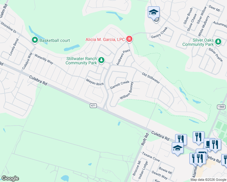 map of restaurants, bars, coffee shops, grocery stores, and more near 7642 Kings Spring in San Antonio
