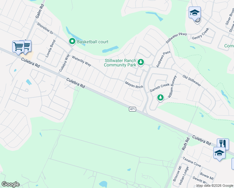 map of restaurants, bars, coffee shops, grocery stores, and more near 7631 Culebra Valley in San Antonio