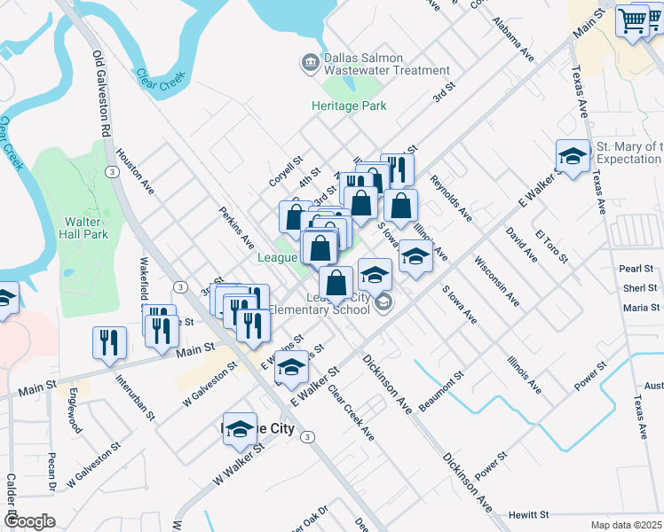 map of restaurants, bars, coffee shops, grocery stores, and more near 706 Elmore Street in League City