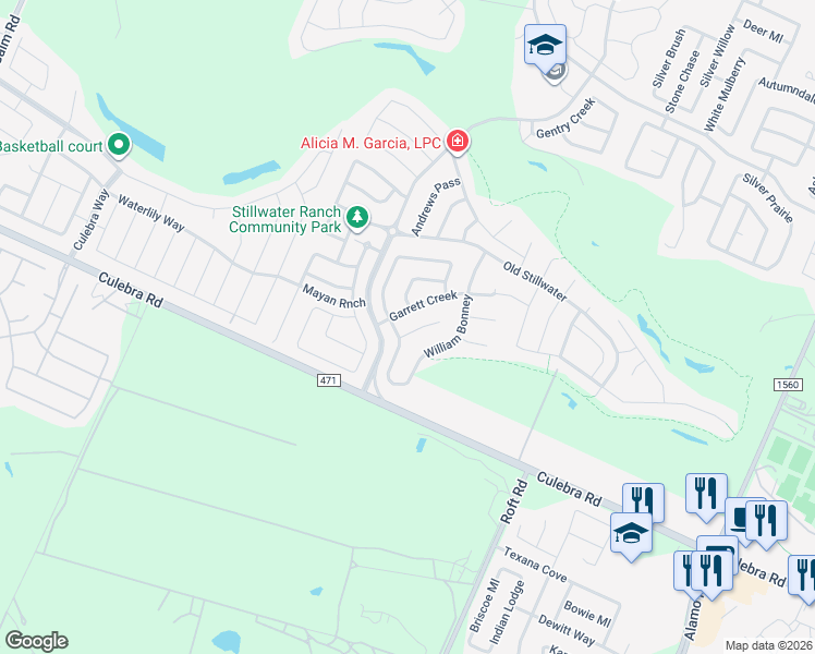 map of restaurants, bars, coffee shops, grocery stores, and more near 7642 Kings Spring in San Antonio