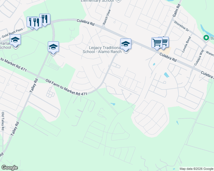 map of restaurants, bars, coffee shops, grocery stores, and more near 13748-13812 Old Farm to Market 471 West in San Antonio