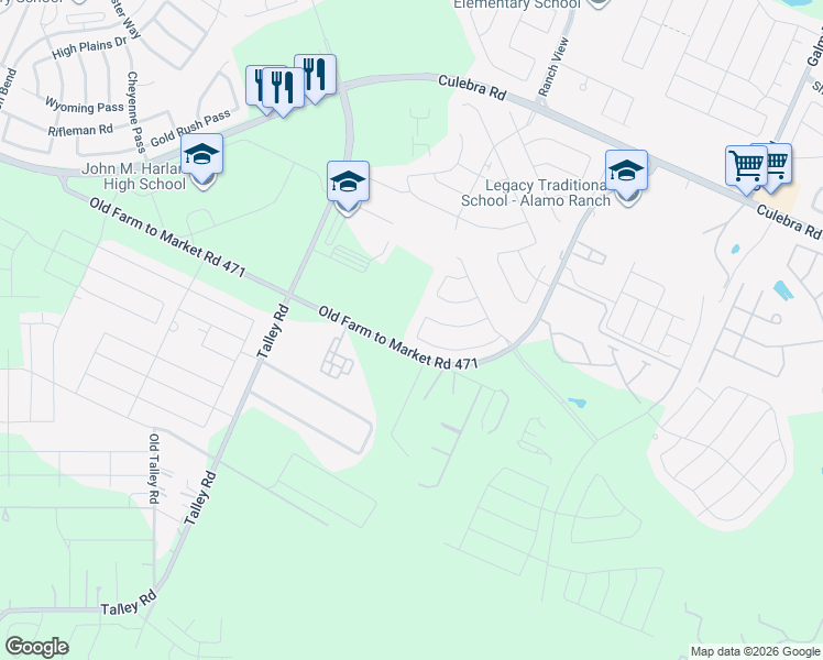 map of restaurants, bars, coffee shops, grocery stores, and more near 7610 Hartford Den in San Antonio
