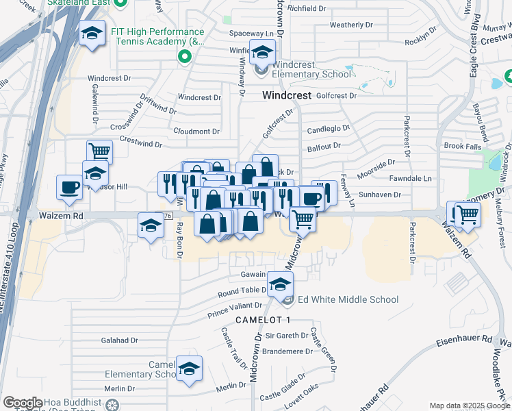 map of restaurants, bars, coffee shops, grocery stores, and more near 5345 Walzem Road in San Antonio