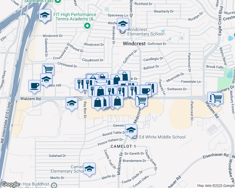 map of restaurants, bars, coffee shops, grocery stores, and more near 5345 Walzem Road in San Antonio