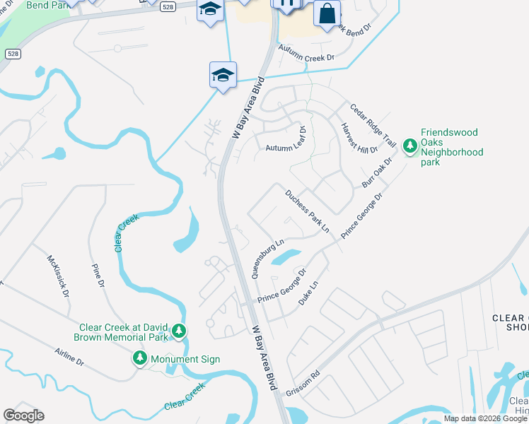 map of restaurants, bars, coffee shops, grocery stores, and more near 3325 King George Lane in Friendswood