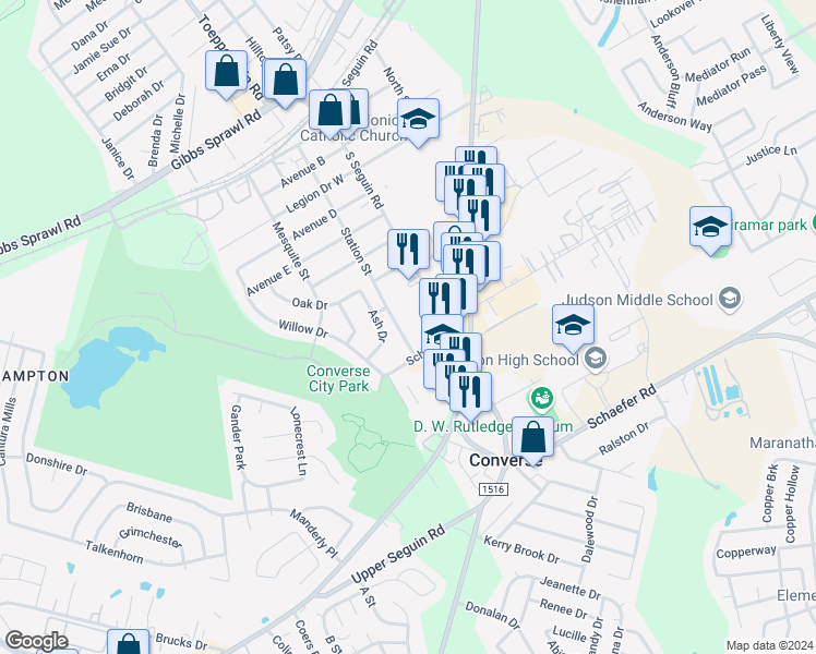 map of restaurants, bars, coffee shops, grocery stores, and more near 107 School Street in Converse