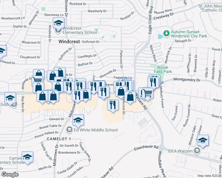 map of restaurants, bars, coffee shops, grocery stores, and more near 634 Sunhaven Drive in San Antonio