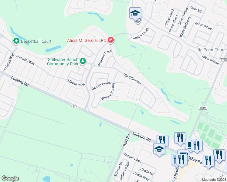 map of restaurants, bars, coffee shops, grocery stores, and more near 12334 Pecos Valley in San Antonio