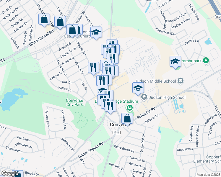 map of restaurants, bars, coffee shops, grocery stores, and more near 9142 Farm to Market Road 78 in Converse