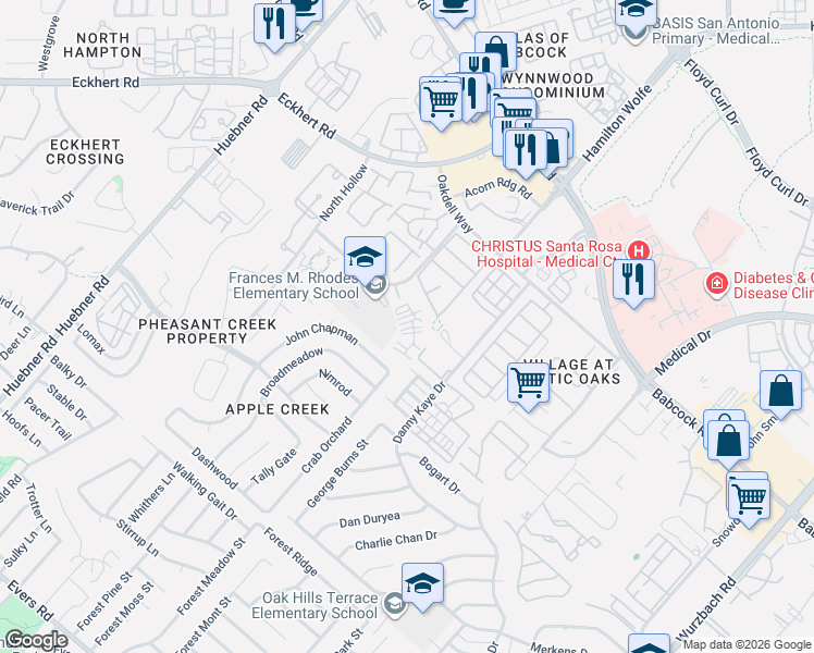 map of restaurants, bars, coffee shops, grocery stores, and more near 5700 North Knoll in San Antonio