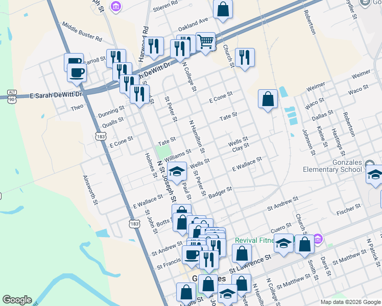 map of restaurants, bars, coffee shops, grocery stores, and more near 616 Williams Street in Gonzales