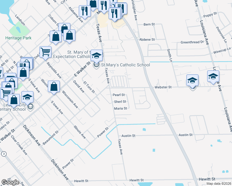 map of restaurants, bars, coffee shops, grocery stores, and more near 1509 Pearl Street in League City