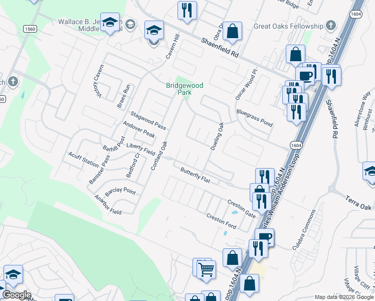 map of restaurants, bars, coffee shops, grocery stores, and more near 7527 Escada Crest in San Antonio