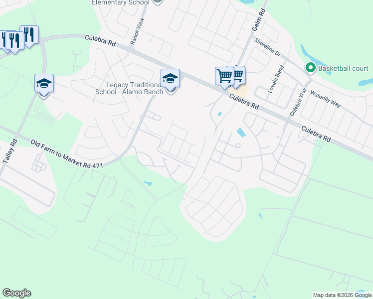 map of restaurants, bars, coffee shops, grocery stores, and more near 11043 Old Farm to Market Road 471 West in San Antonio