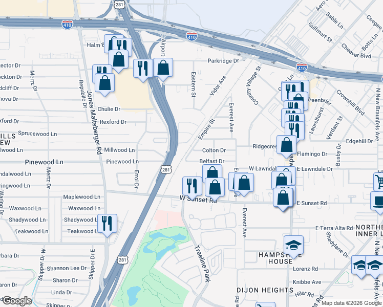 map of restaurants, bars, coffee shops, grocery stores, and more near 102 Colton Drive in San Antonio