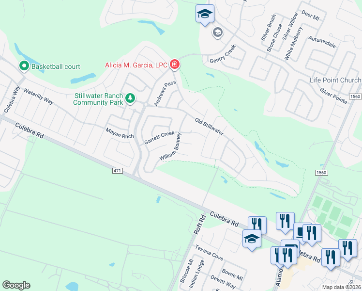 map of restaurants, bars, coffee shops, grocery stores, and more near 12334 Pecos Valley in San Antonio