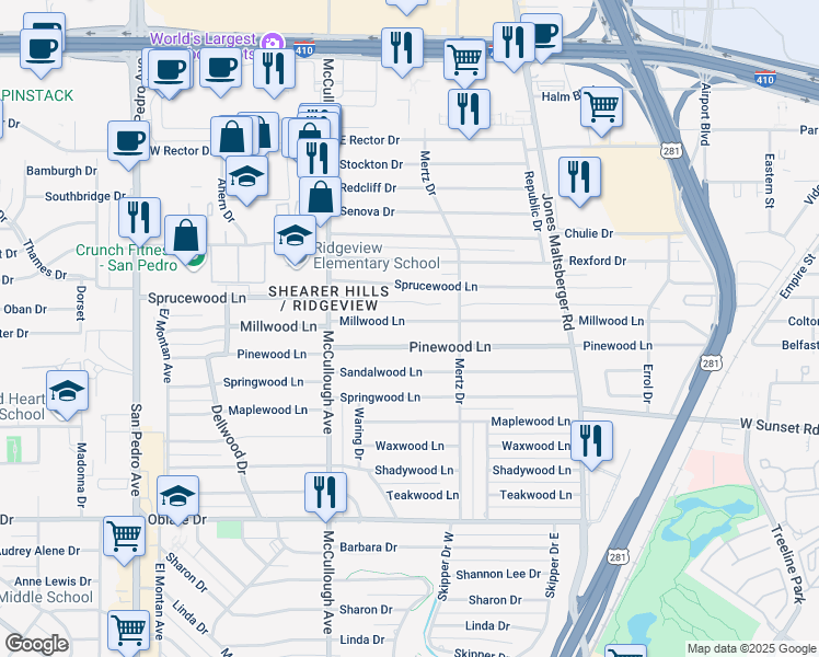 map of restaurants, bars, coffee shops, grocery stores, and more near 350 Millwood Lane in San Antonio