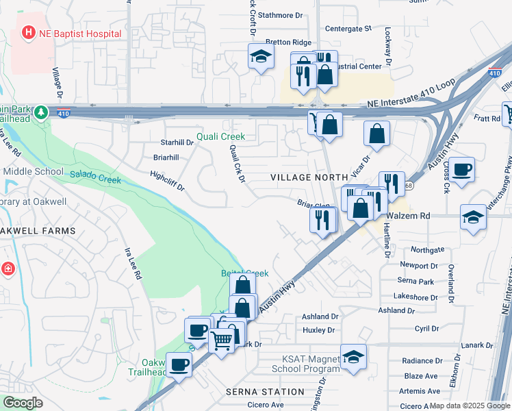 map of restaurants, bars, coffee shops, grocery stores, and more near 4018 Briar Glen in San Antonio