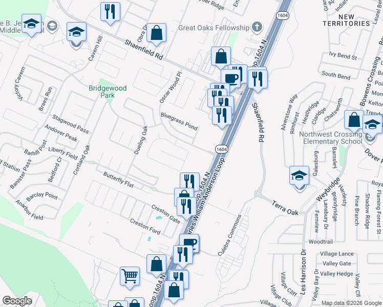 map of restaurants, bars, coffee shops, grocery stores, and more near 7611 West Loop 1604 North in San Antonio
