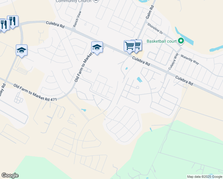 map of restaurants, bars, coffee shops, grocery stores, and more near 11043 Old Farm to Market Road 471 West in San Antonio