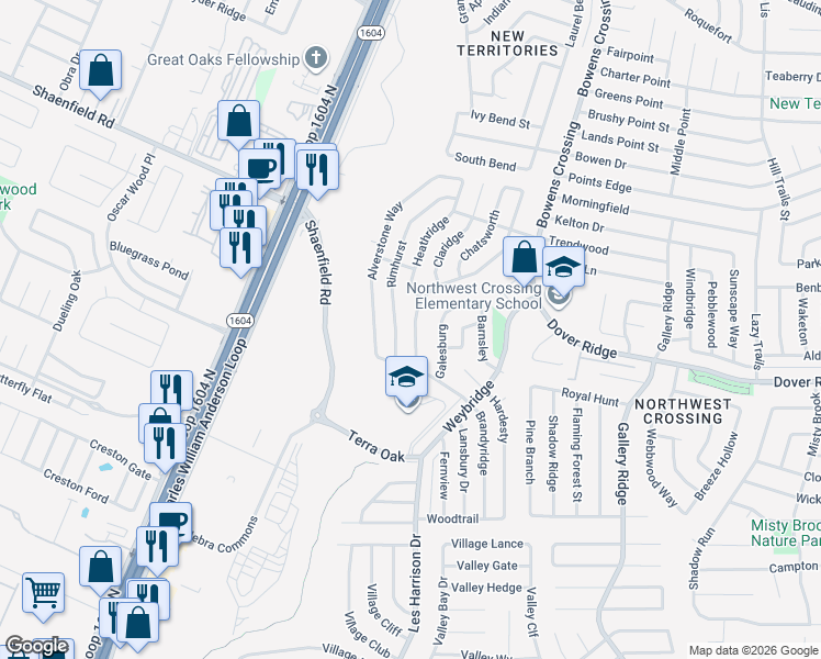 map of restaurants, bars, coffee shops, grocery stores, and more near 7443 Branston in San Antonio