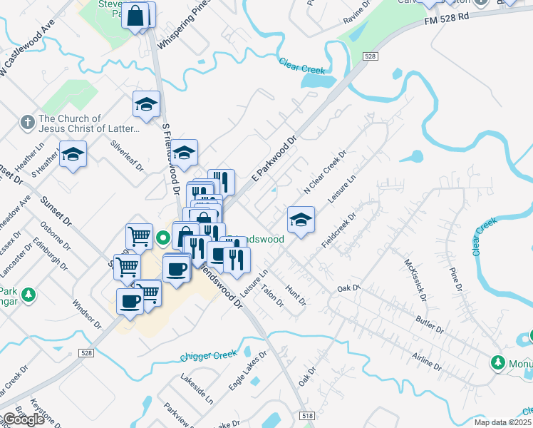 map of restaurants, bars, coffee shops, grocery stores, and more near 305 Parkwood Village Drive in Friendswood