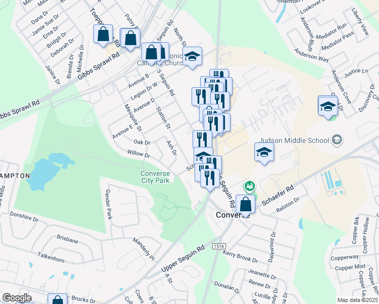 map of restaurants, bars, coffee shops, grocery stores, and more near 107 School Street in Converse