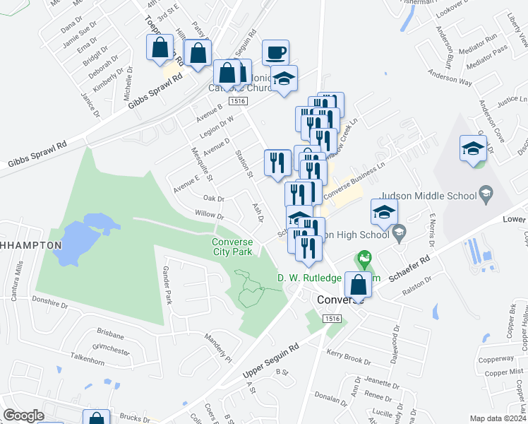 map of restaurants, bars, coffee shops, grocery stores, and more near 202 Ash Drive in Converse