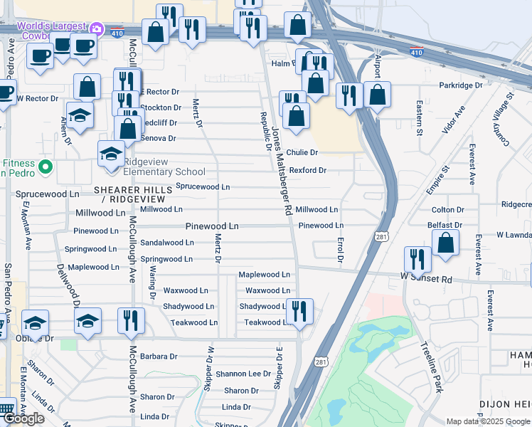 map of restaurants, bars, coffee shops, grocery stores, and more near 446 Millwood Lane in San Antonio