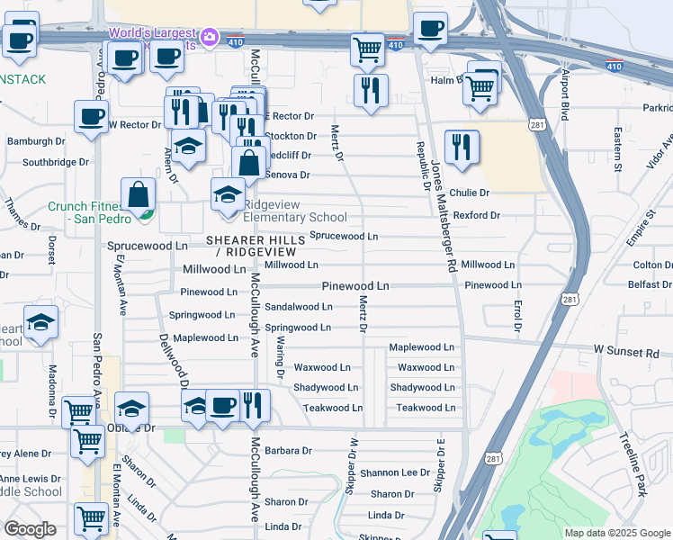 map of restaurants, bars, coffee shops, grocery stores, and more near 350 Millwood Lane in San Antonio