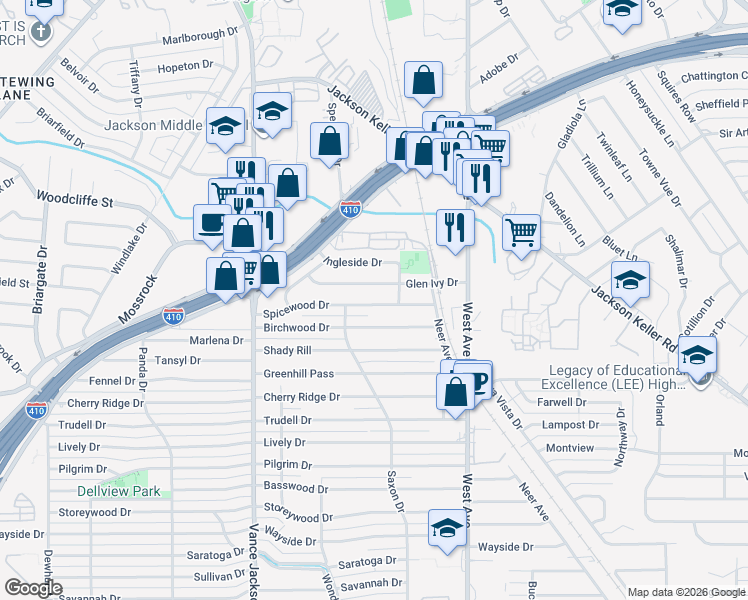map of restaurants, bars, coffee shops, grocery stores, and more near 2331 Spicewood in San Antonio