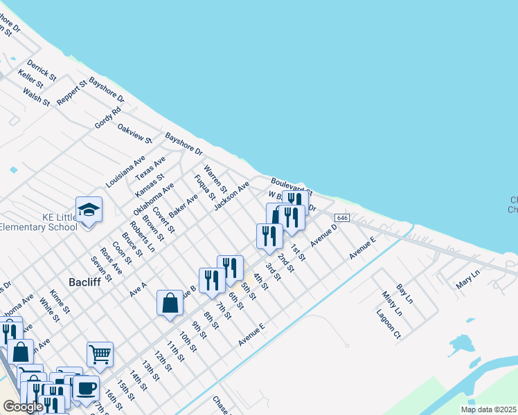 map of restaurants, bars, coffee shops, grocery stores, and more near 4420 1st Street in Bacliff