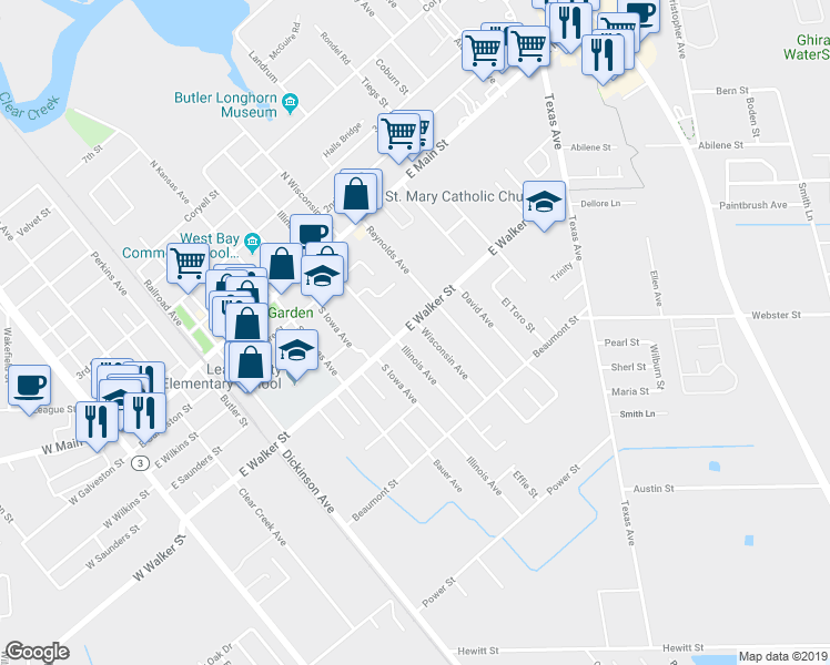 map of restaurants, bars, coffee shops, grocery stores, and more near 1015 East Walker Street in League City