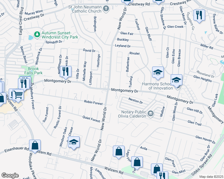 map of restaurants, bars, coffee shops, grocery stores, and more near 6729 Montgomery Drive in San Antonio