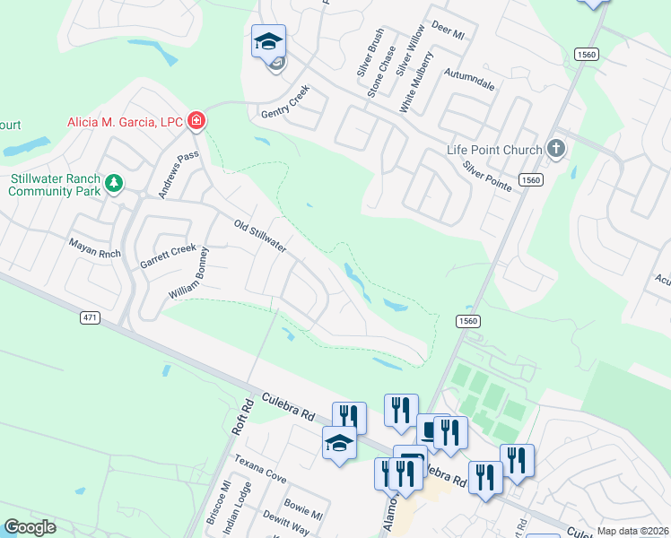 map of restaurants, bars, coffee shops, grocery stores, and more near 7636 McKinney Hills in San Antonio