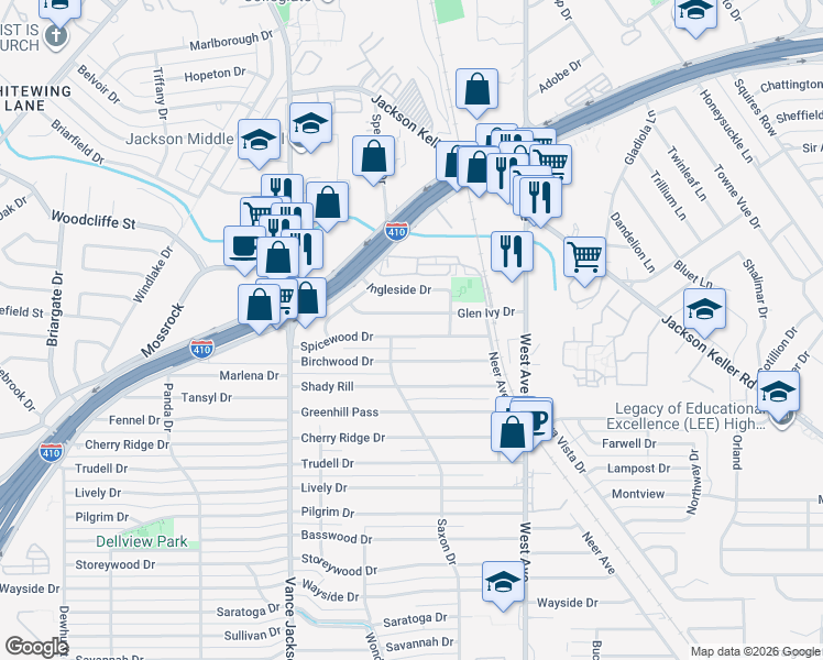 map of restaurants, bars, coffee shops, grocery stores, and more near 2331 Spicewood Drive in San Antonio